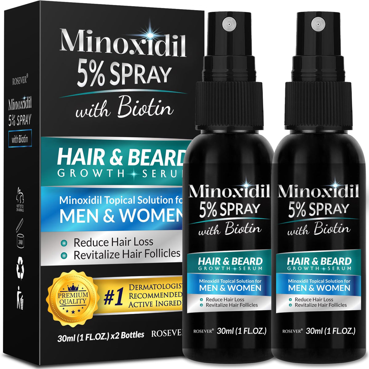 Rosever Minoxidil 5% cabello, rociador para fortalecimiento del cuero cabelludo