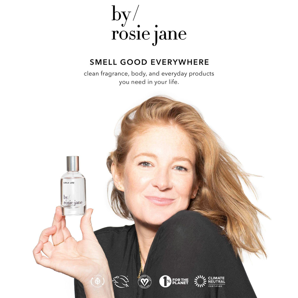 Rosie perfume oil packaging highlighting clean vegan formula and design.
