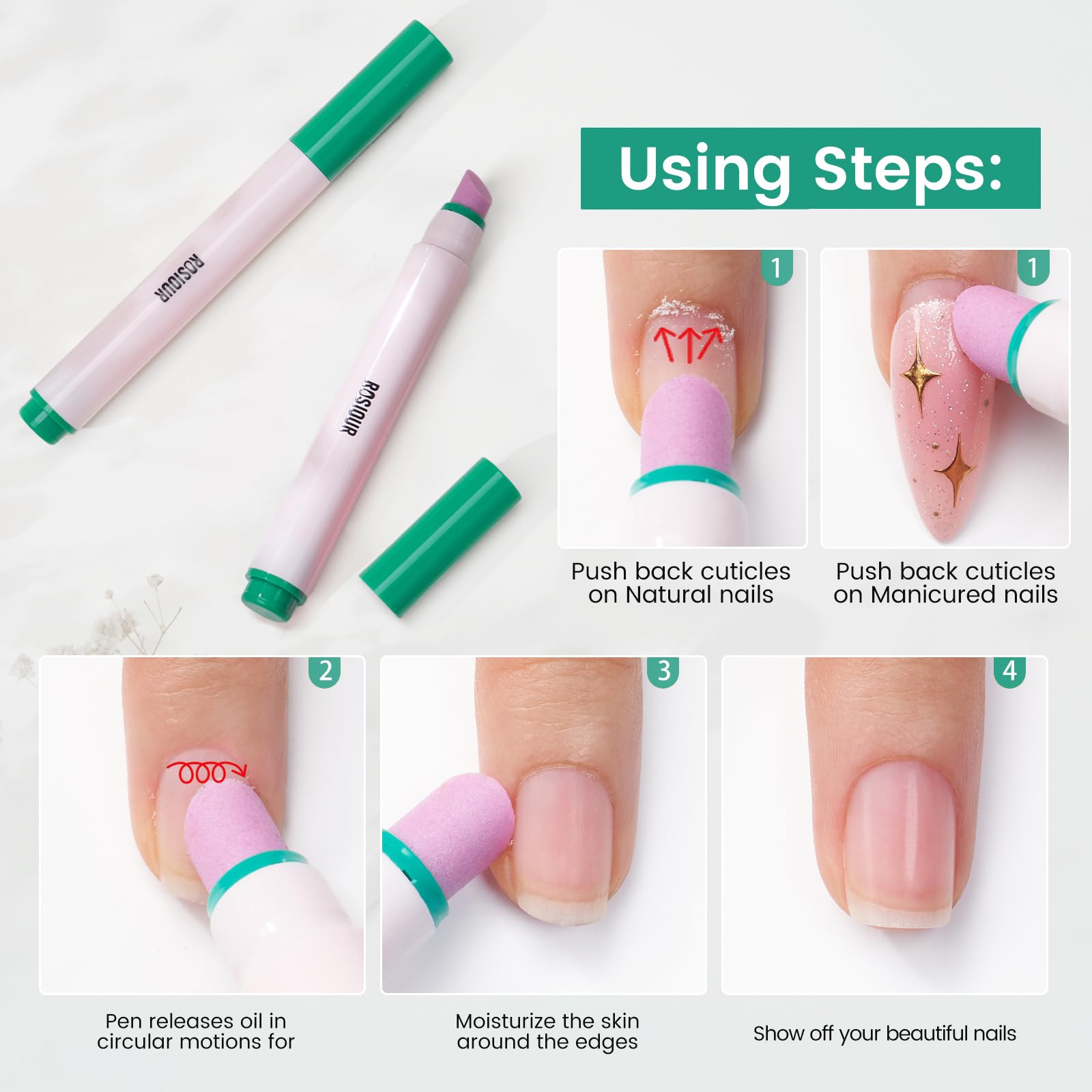 Rosiour nails before and after gloss using the oil pusher pen