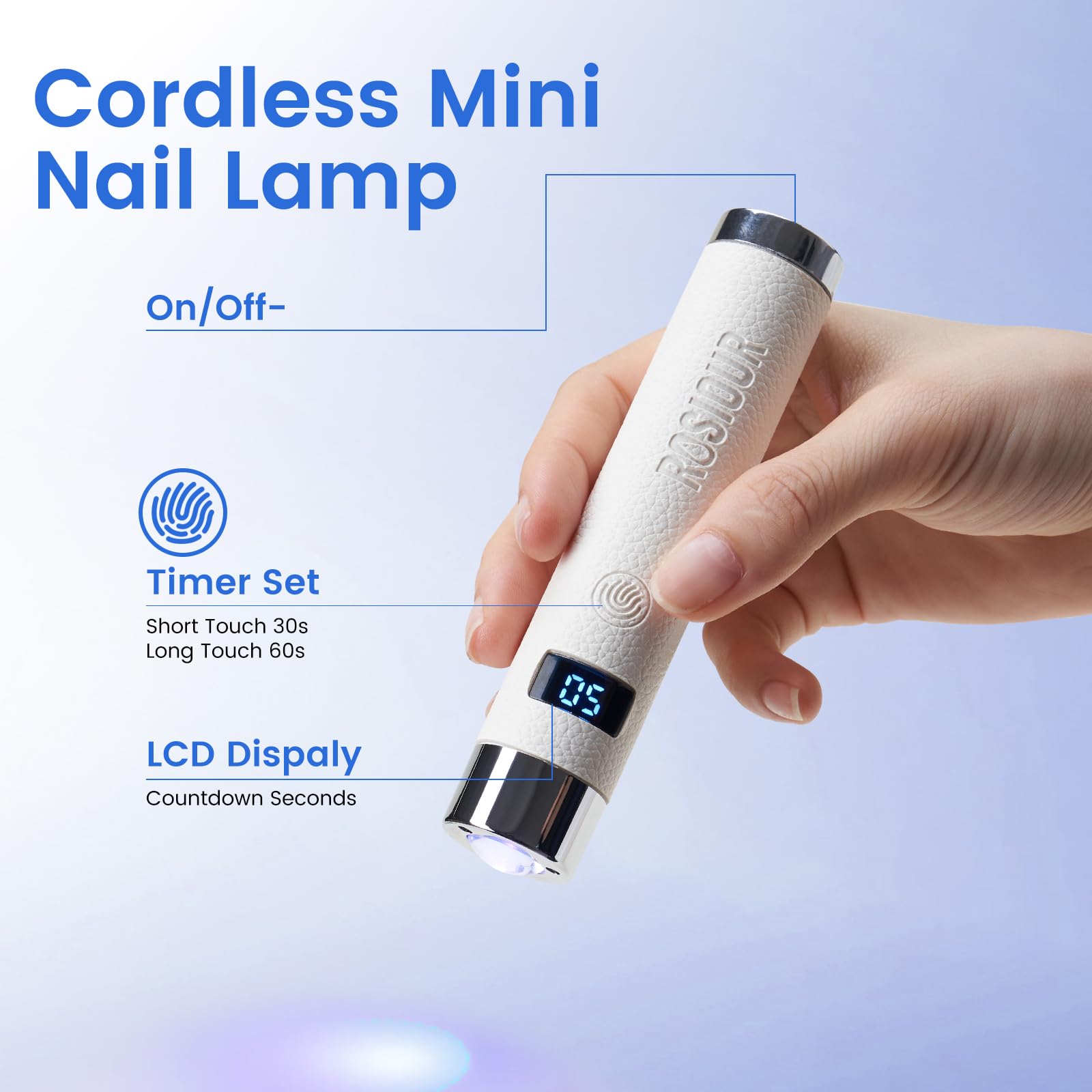Rosiour Mini UV lamp showing 800mAh battery for cord-free sessions.