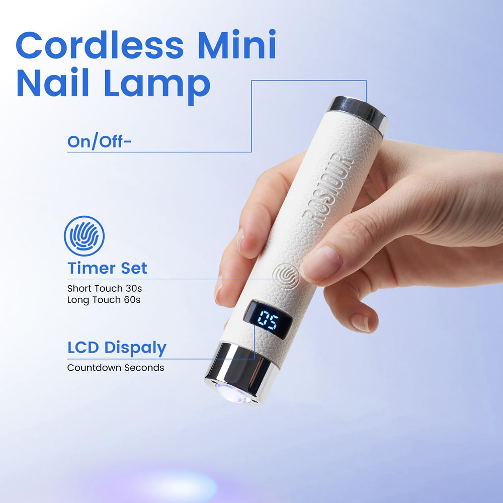 Rosiour Mini UV lamp showing 800mAh battery for cord-free sessions.
