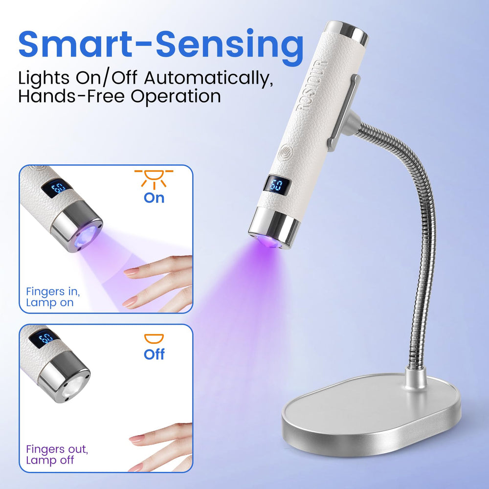 Rosiour Mini UV lamp in handheld use for quick touch-ups on the go.