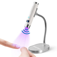 Rosiour Mini UV lamp on its stand for hands-free gel nail curing at home.