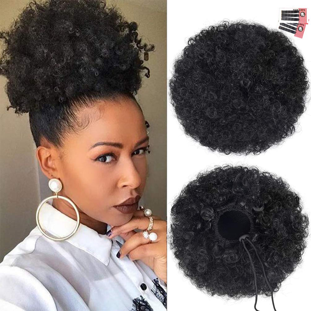 Rosmile Afro Puff drawstring ponytail on head blending with natural hair for fuller look.