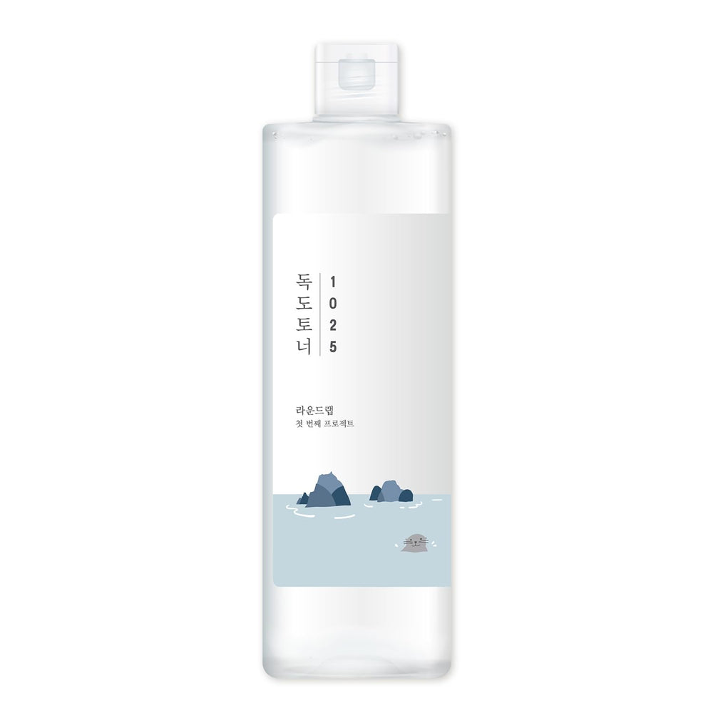 ROUND LAB 1025 Dokdo Toner on face showing quick absorption and balanced finish.