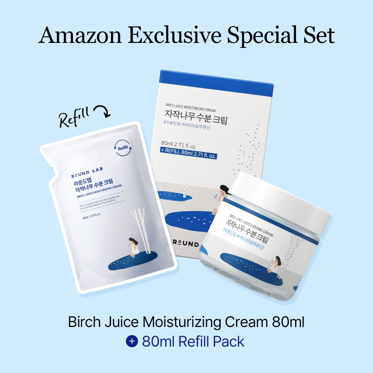 ROUND LAB Birch Juice Moisturizing Cream refill 80ml pack highlights value and refillable hydration