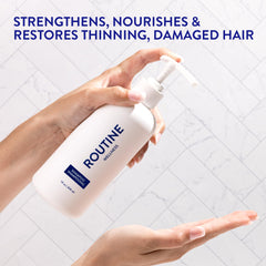 Routine Wellness anti-thinning conditioner tube application emphasizing smoother, stronger hair