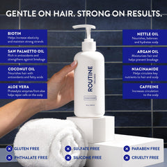 Close-up of Routine Wellness label highlights clean vegan ingredients