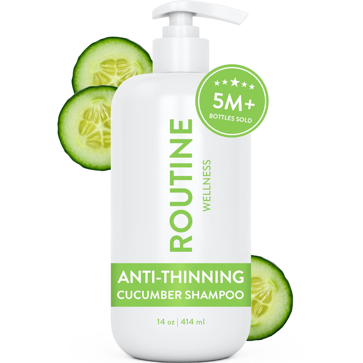 Routine Wellness anti-thinning shampoo bottle front with cucumber scent.