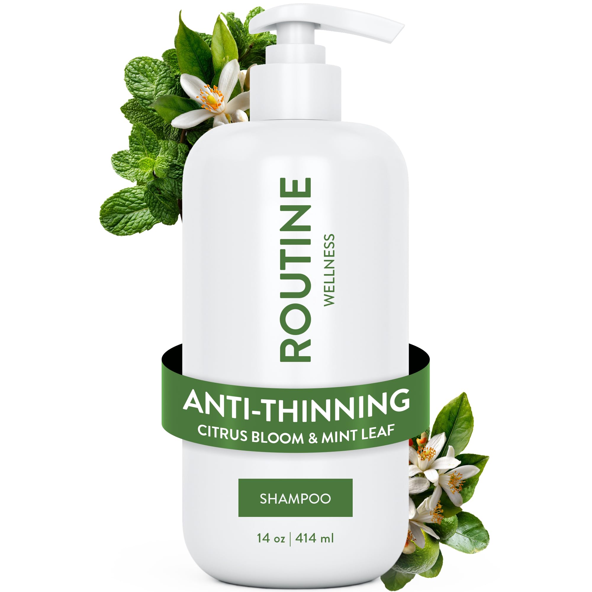 Routine Wellness Anti-Thinning Shampoo bottle with citrus mint scent supports stronger-feeling hair.