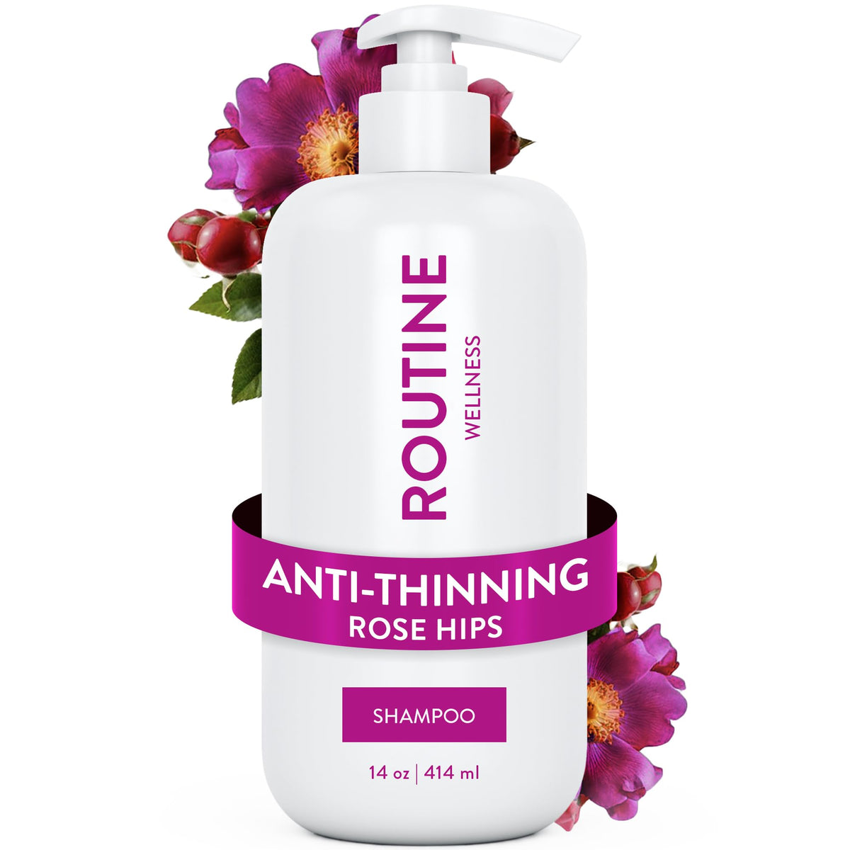 Routine Wellness anti-thinning shampoo bottle showing biotin and DHT blocker for fuller-looking hair