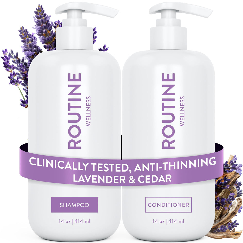 Routine Wellness anti-thinning shampoo bottle with volumizing formula for fuller hair.