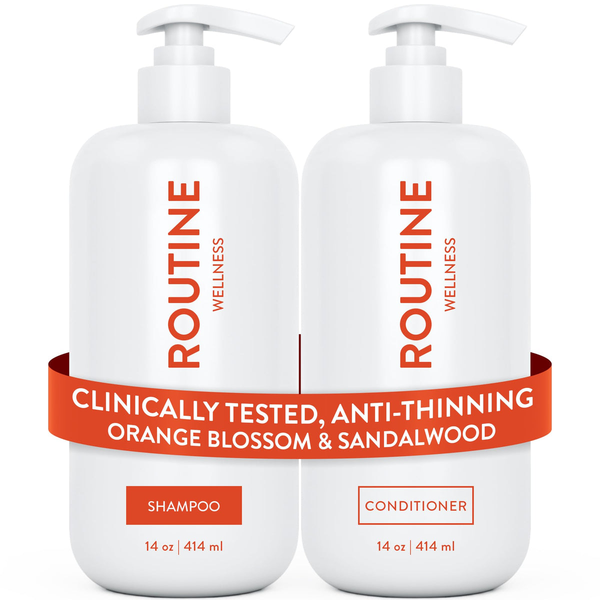 Routine Wellness anti-thinning shampoo bottle with orange blossom scent boosts volume and strength
