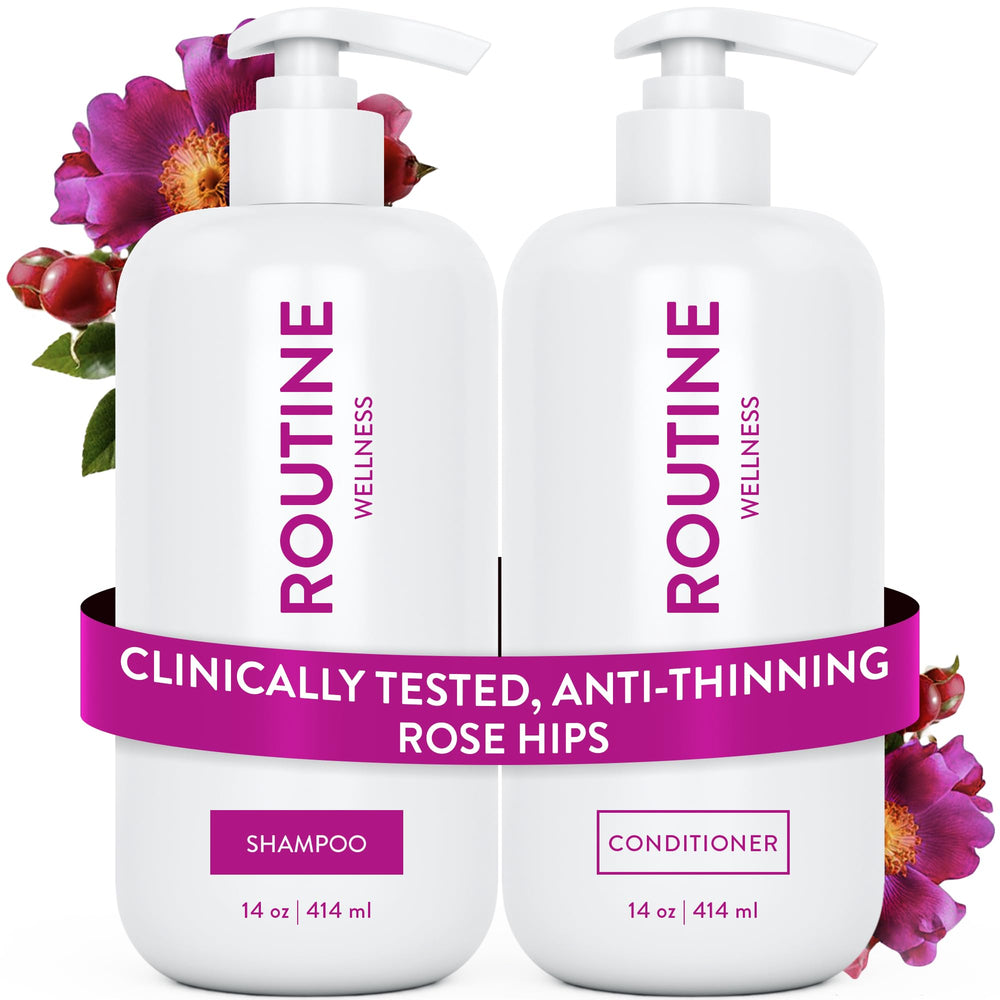 Routine Wellness anti-thinning shampoo bottle shows a biotin powered formula for fuller-looking hair and color-safe care