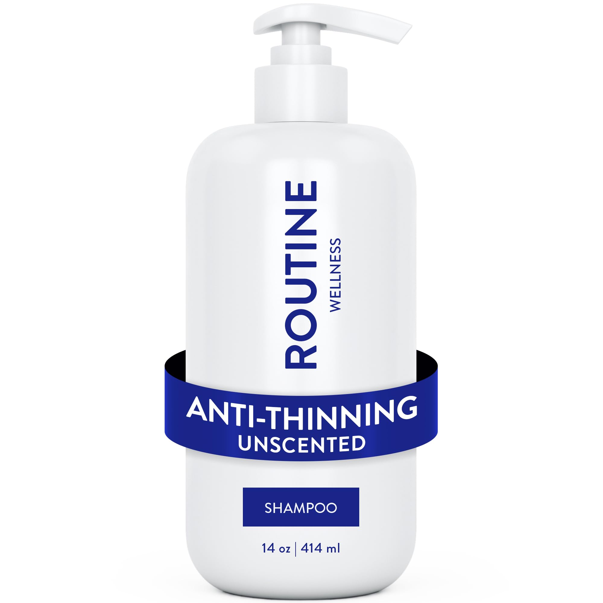 Routine Wellness anti-thinning shampoo bottle shows biotin benefits for fuller-looking hair.