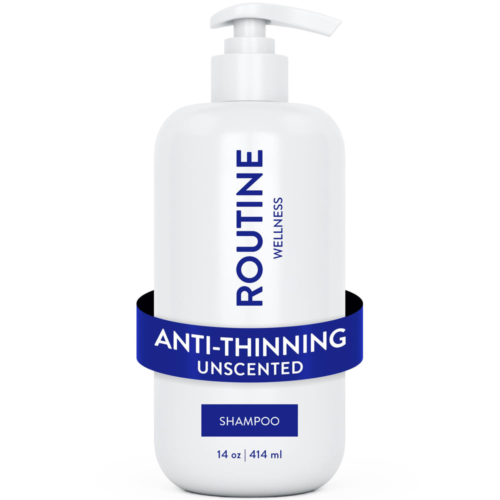 Routine Wellness anti-thinning shampoo bottle shows biotin benefits for fuller-looking hair.