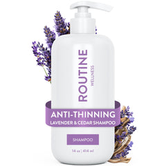 Routine Wellness Anti-Thinning Shampoo bottle with lavender-cedar scent for daily cleansing.