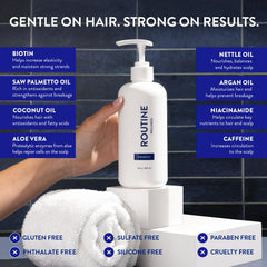 Routine Wellness Anti-Thinning Shampoo color-safe bottle protects color while nourishing strands.