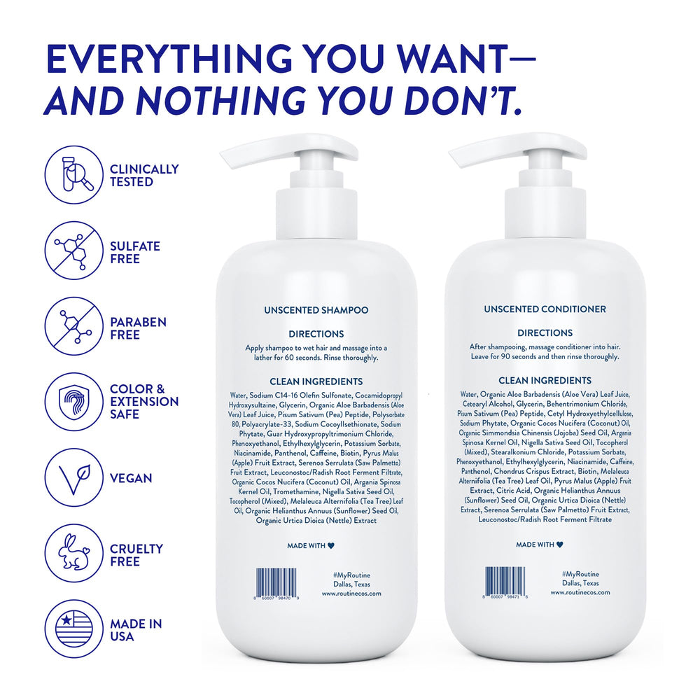 Bathroom setup with Routine Wellness products ready for daily thinning hair routine.