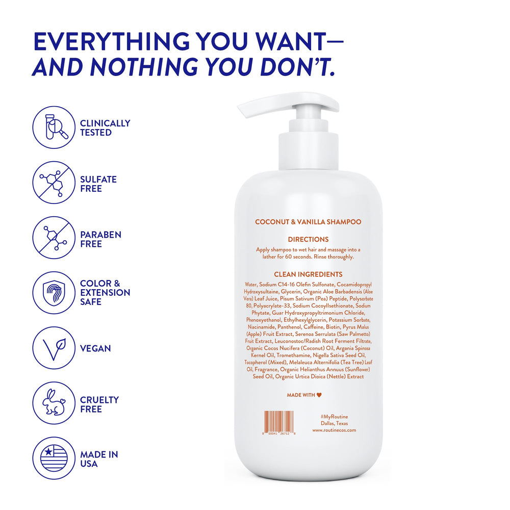Routine Wellness coconut-vanilla scent bottle evokes a relaxing shower experience.
