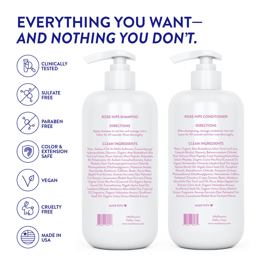 Routine Wellness hair finish shot reveals shine and voluminous appearance.