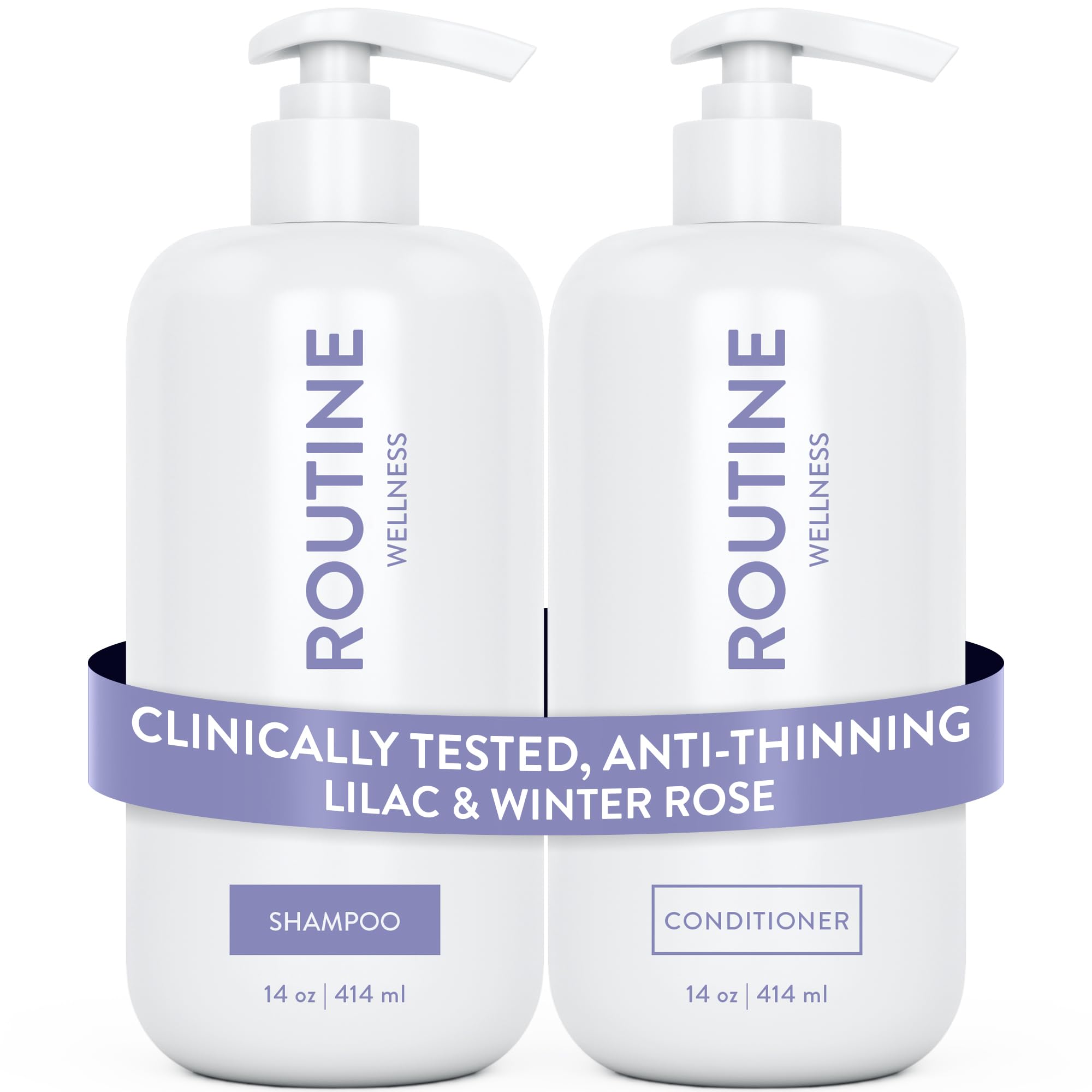 Routine Wellness Lilac & Winter Rose shampoo bottle suggests gentle cleansing for fuller-looking roots