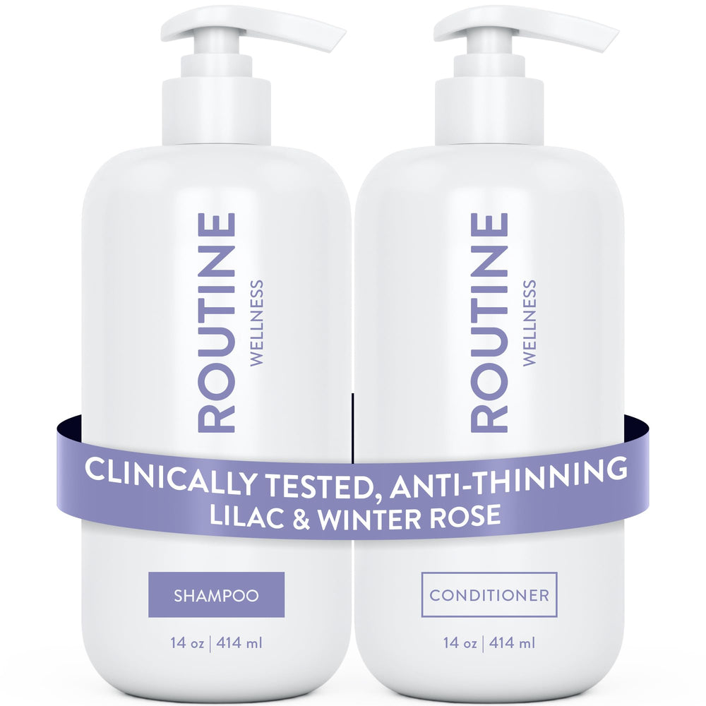 Routine Wellness Lilac & Winter Rose shampoo bottle suggests gentle cleansing for fuller-looking roots