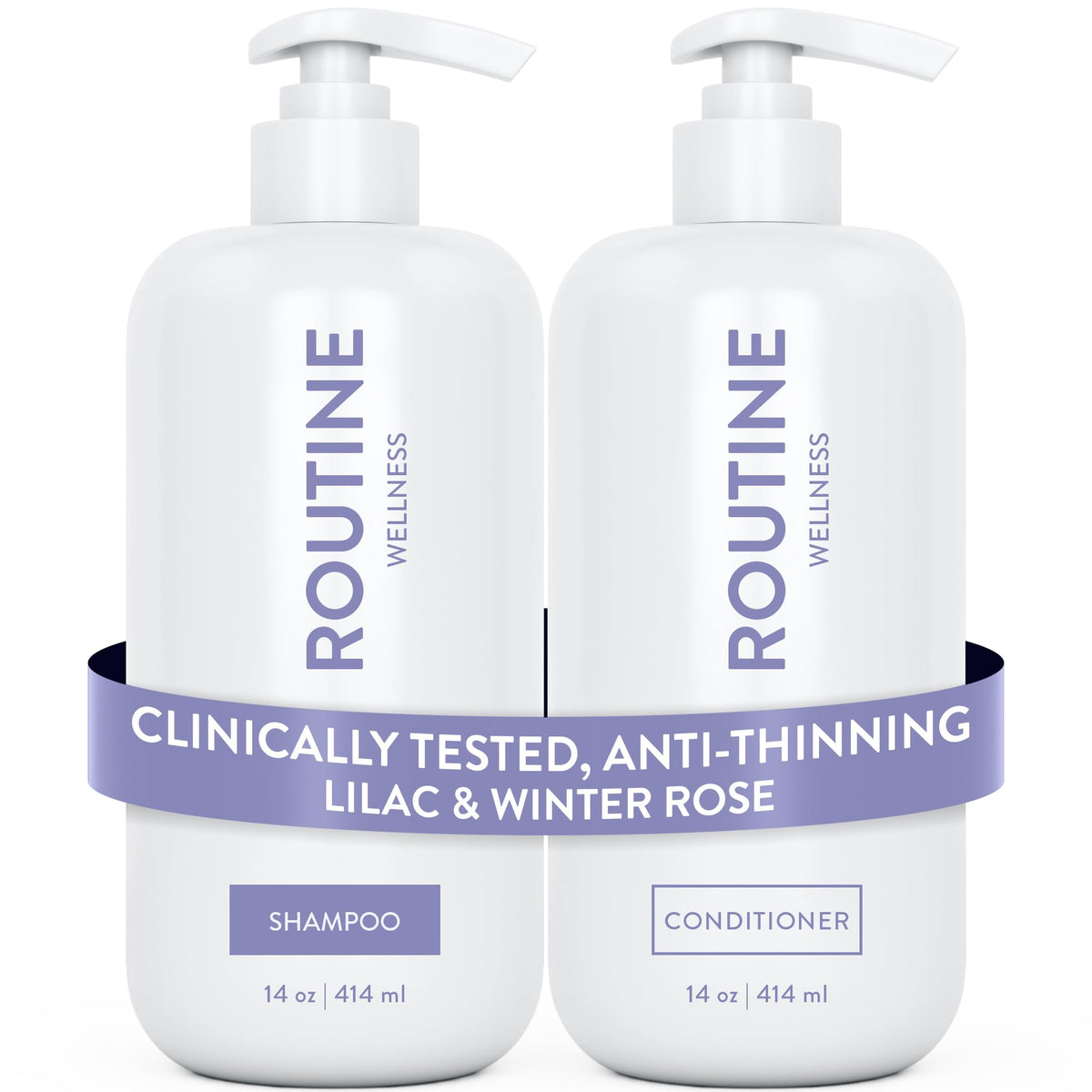 Routine Wellness Lilac & Winter Rose shampoo bottle suggests gentle cleansing for fuller-looking roots