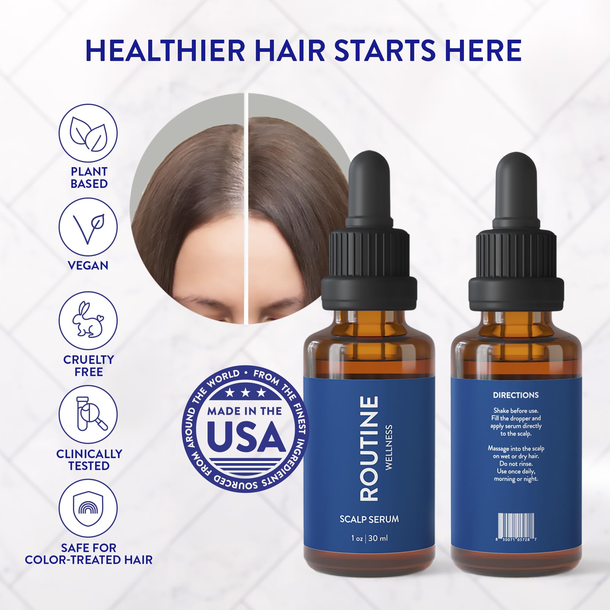 Routine Wellness Scalp Serum bottle on background with subtle infographic