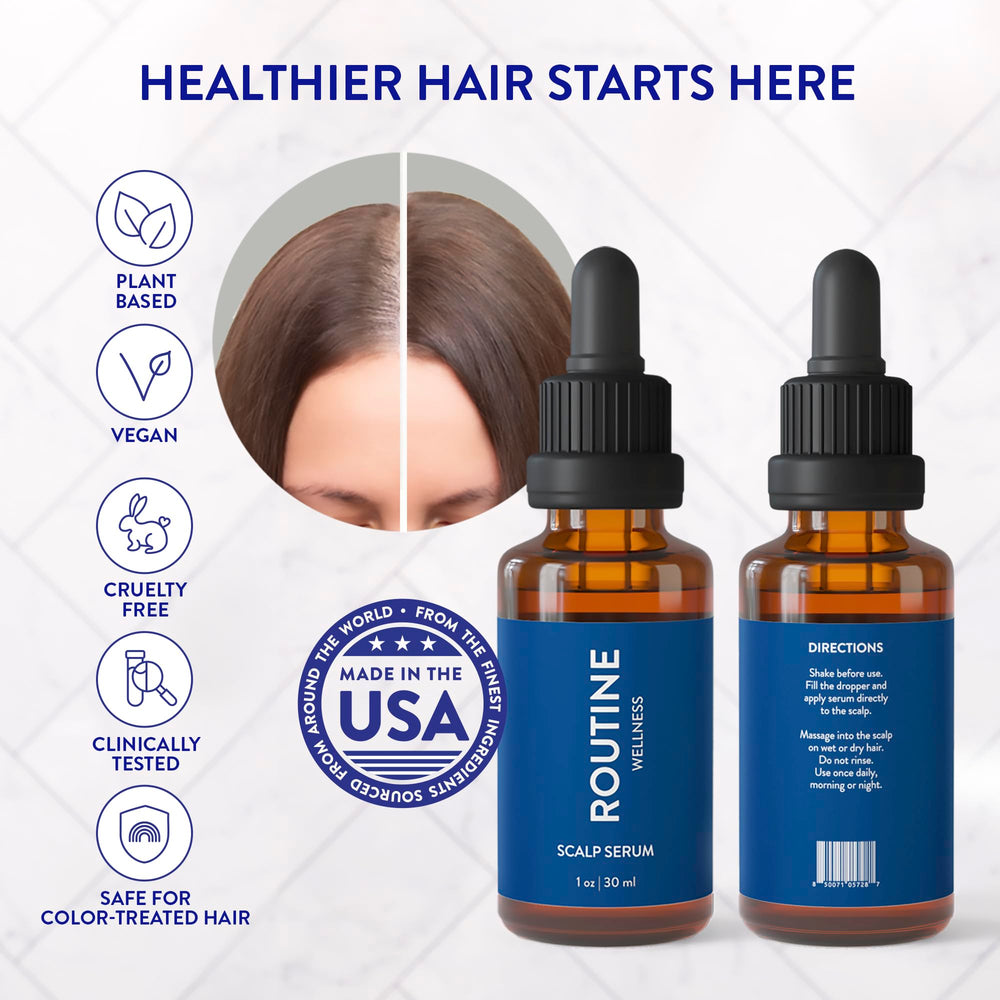 Routine Wellness Scalp Serum bottle on background with subtle infographic