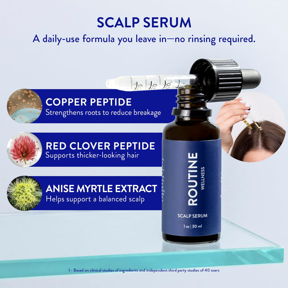 Routine Wellness Scalp Serum dropper applying to scalp for targeted care