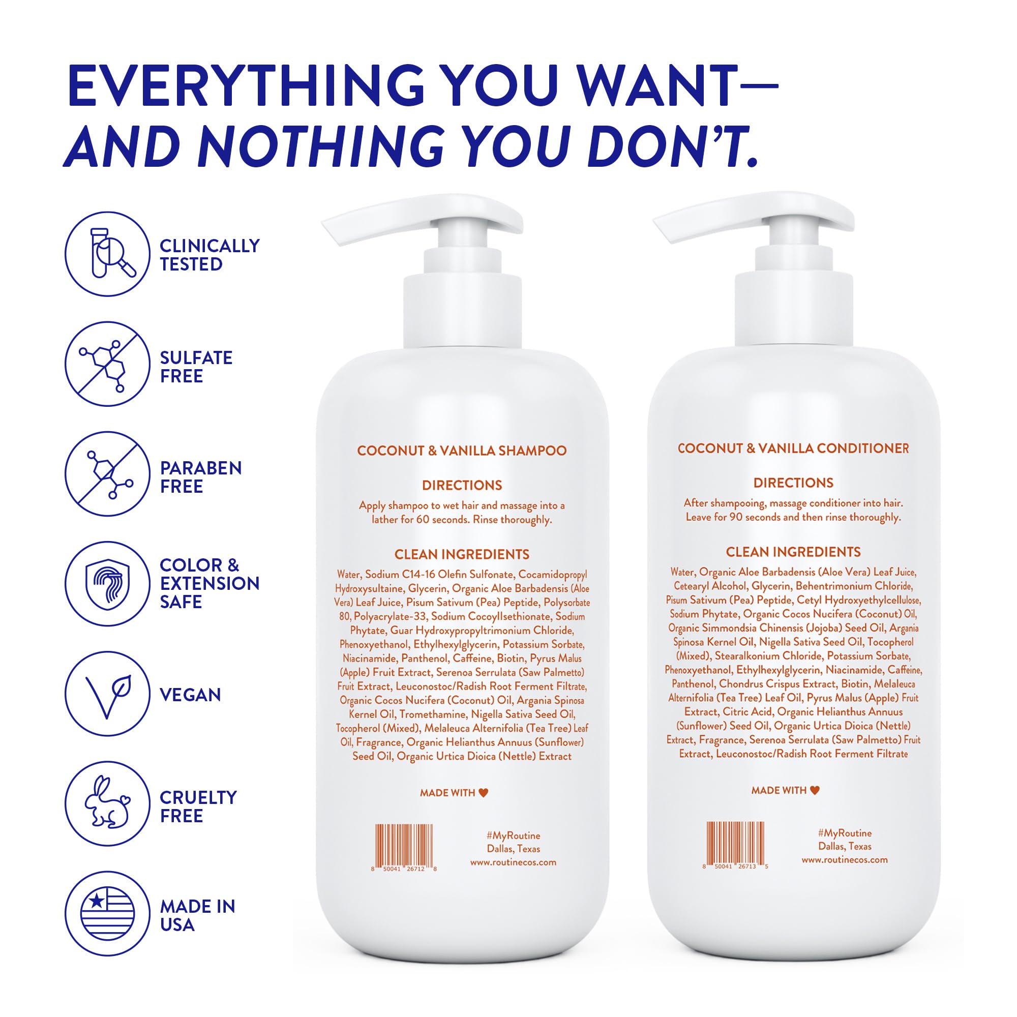 Routine Wellness shampoo and conditioner set shown on bathroom shelf