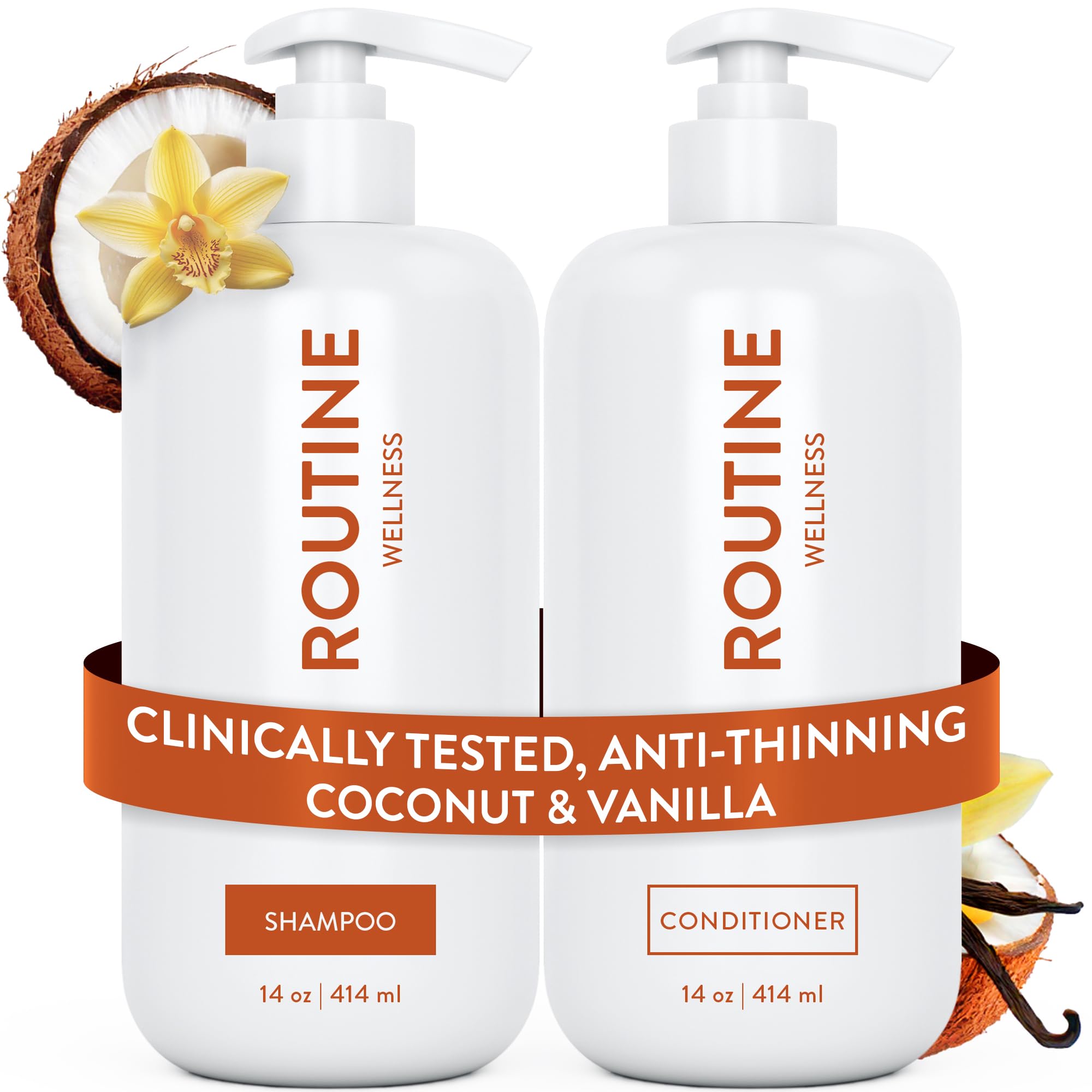 Routine Wellness shampoo bottle on sink promotes clean, vibrant roots