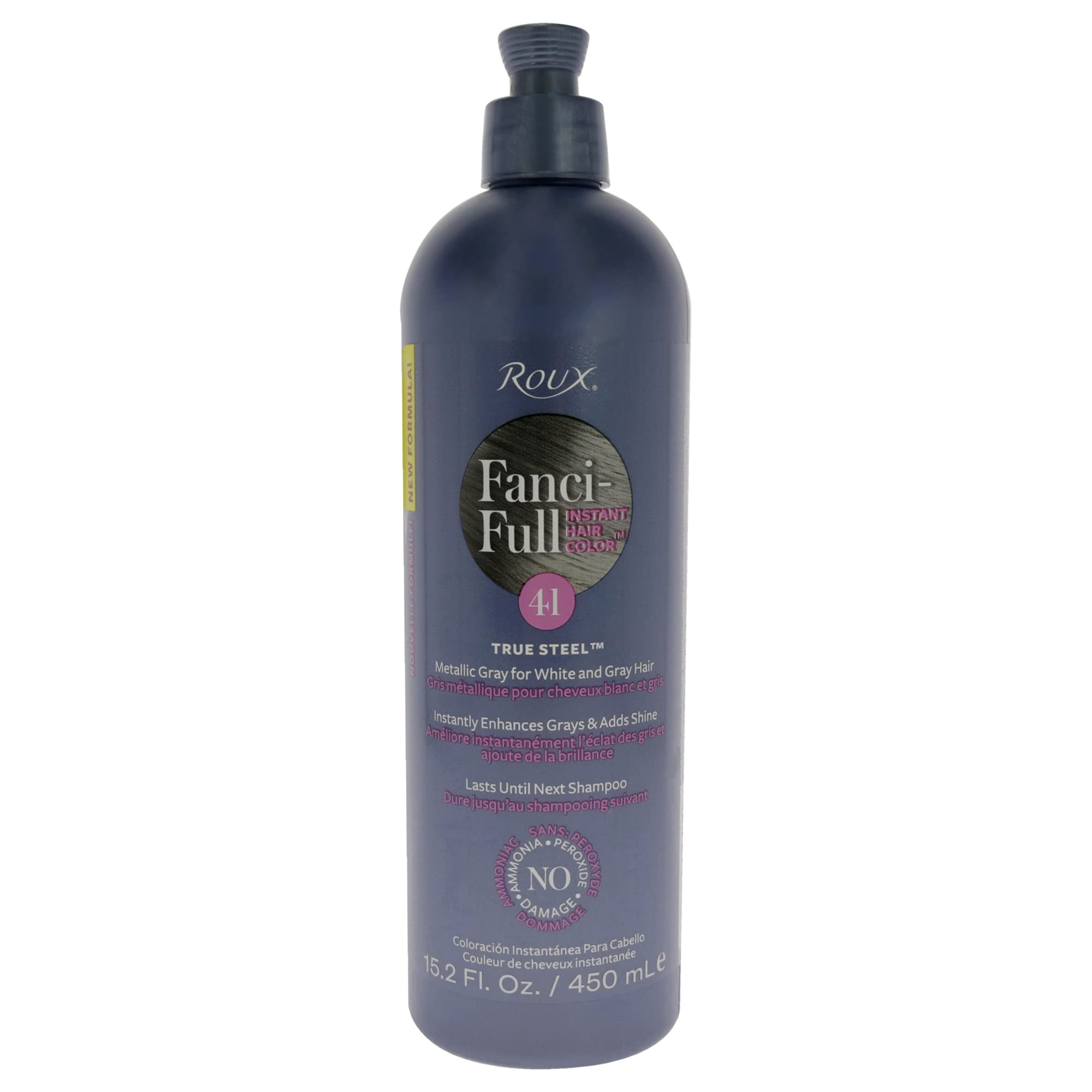 Roux Fanci-Full Rinse True Steel bottle delivers instant gray blending and shine.