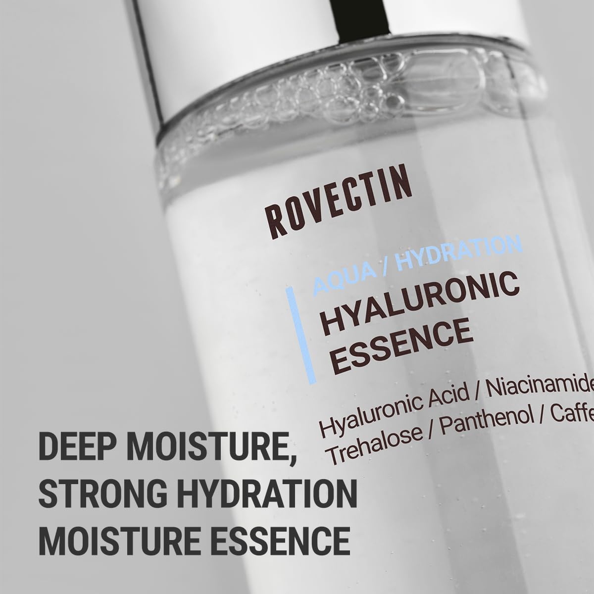Dispensing pump on Rovectin Aqua Hyaluronic Essence demonstrates easy application