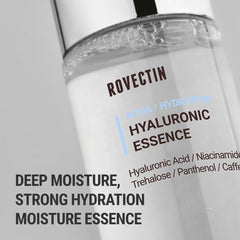 Dispensing pump on Rovectin Aqua Hyaluronic Essence demonstrates easy application