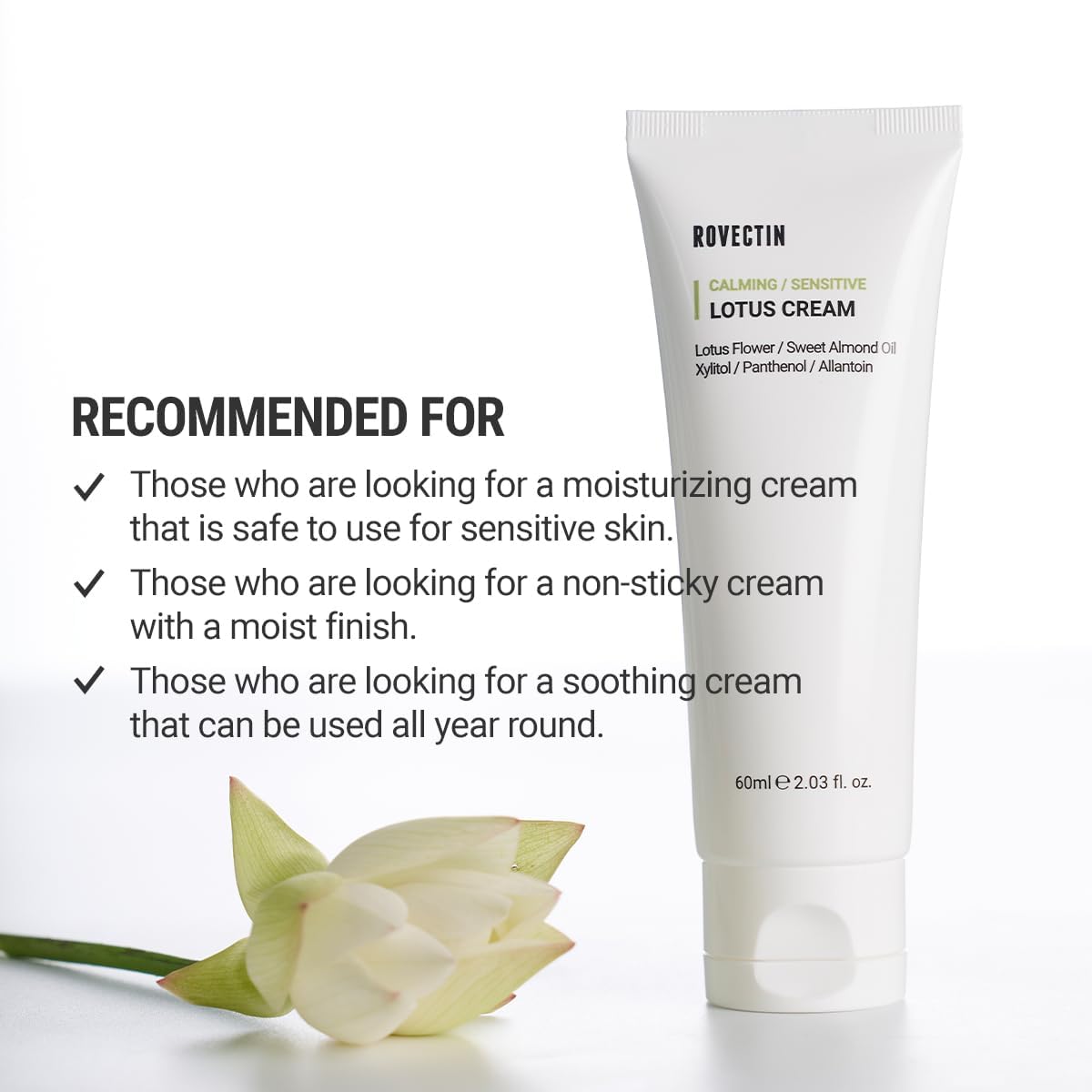 ROVECTIN Calming Lotus Cream, aplicación en mano muestra textura sedosa