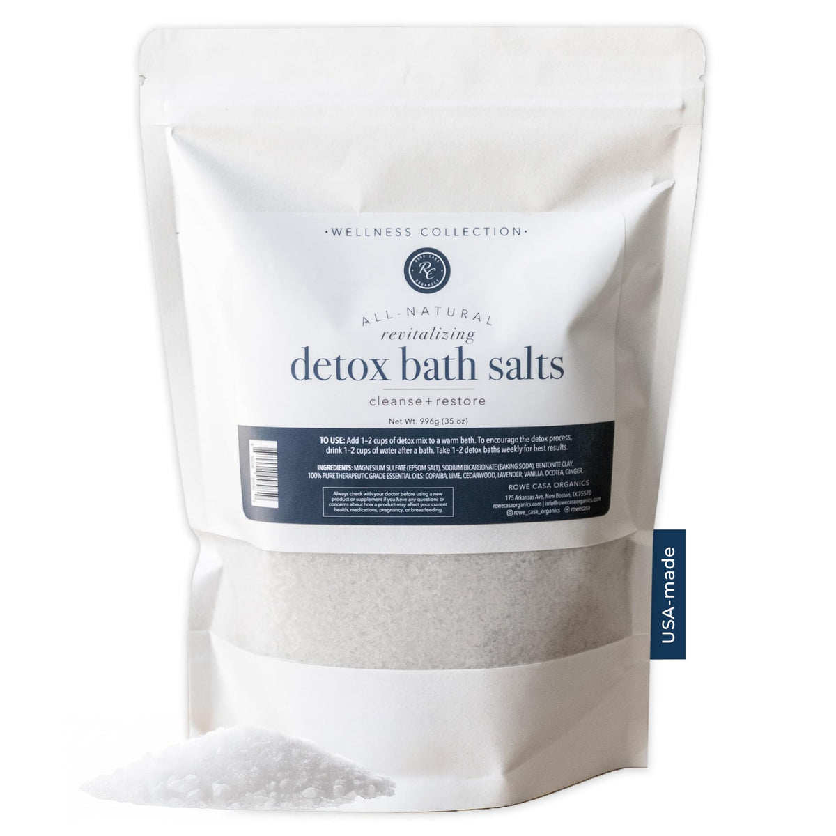 Rowe Casa Organics Detox Bath Salts bottle highlights magnesium-rich blend for relaxed muscles.