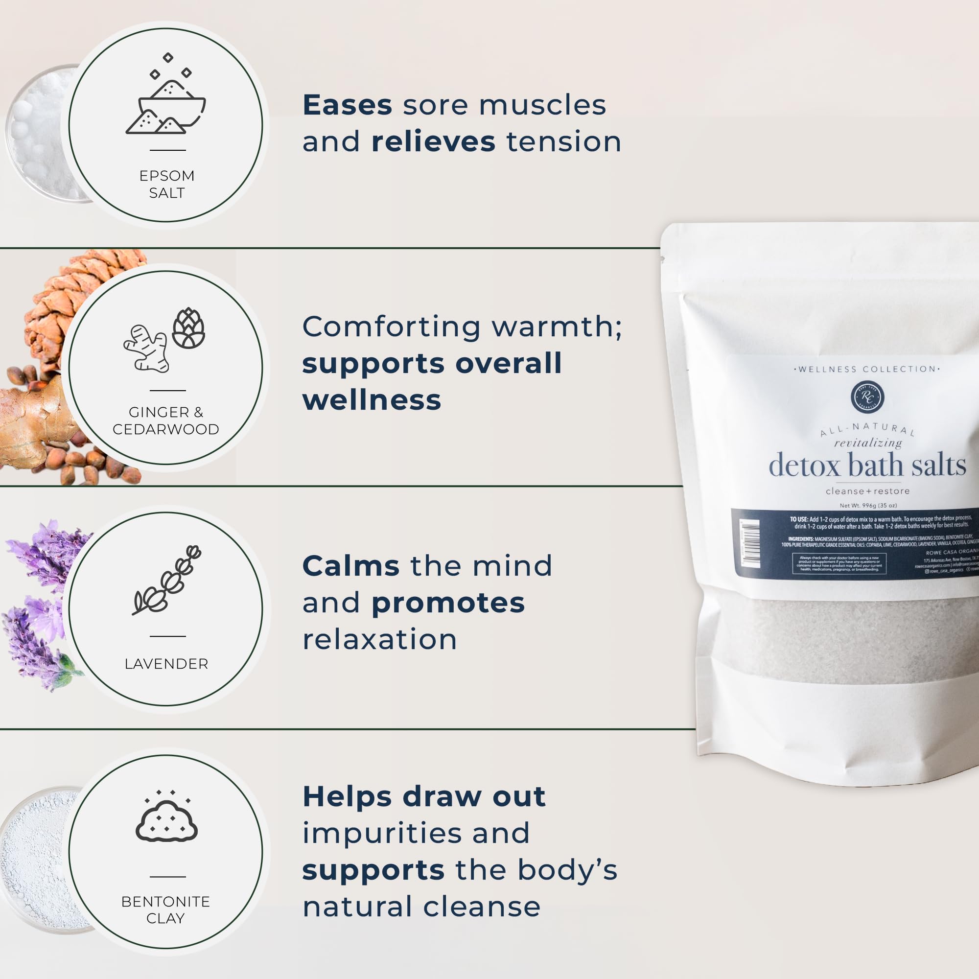 Rowe Casa Organics Detox Bath Salts being poured into a warm bath for daily unwind.