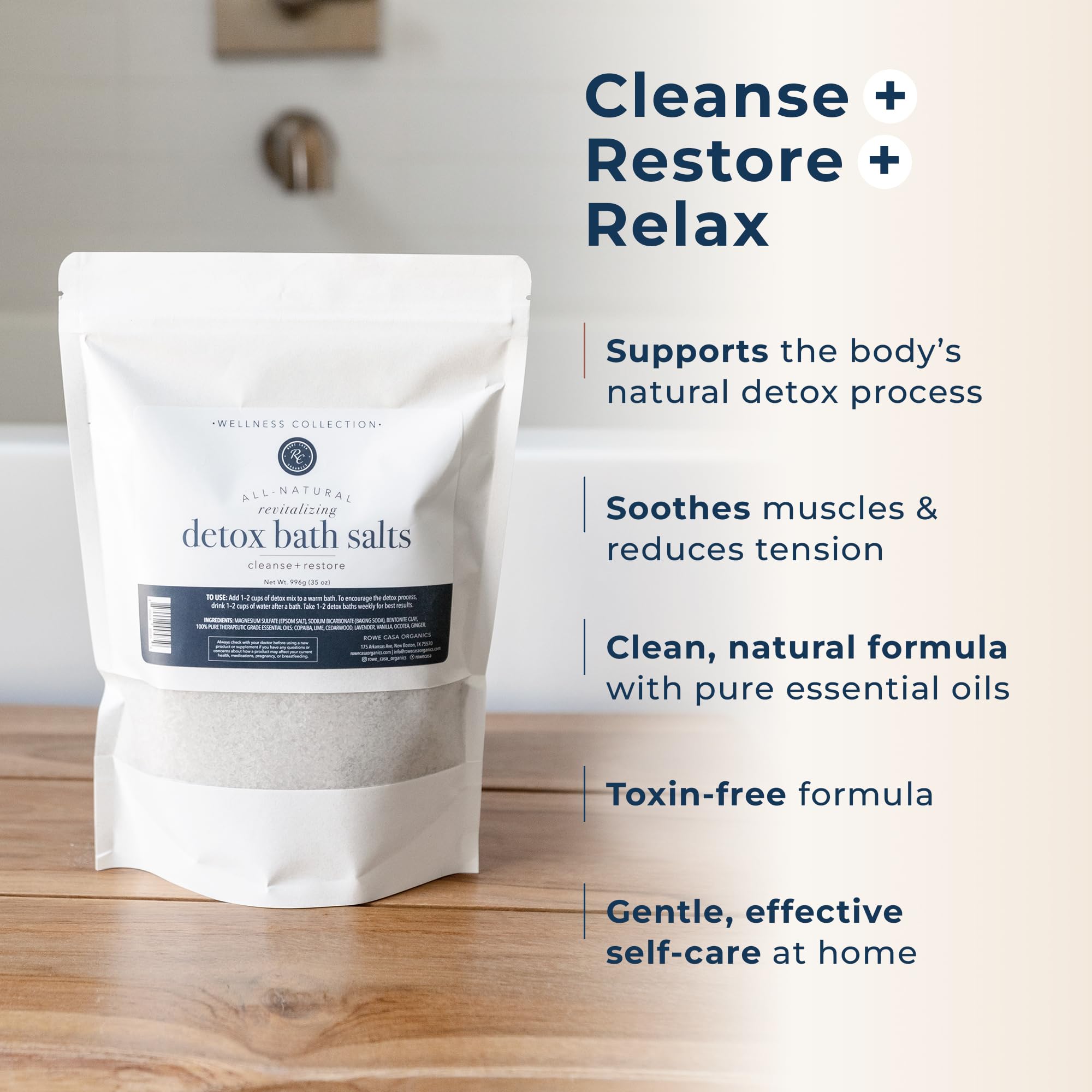 Rowe Casa Organics Detox Bath Salts close-up shows crystal texture and soothing scent.