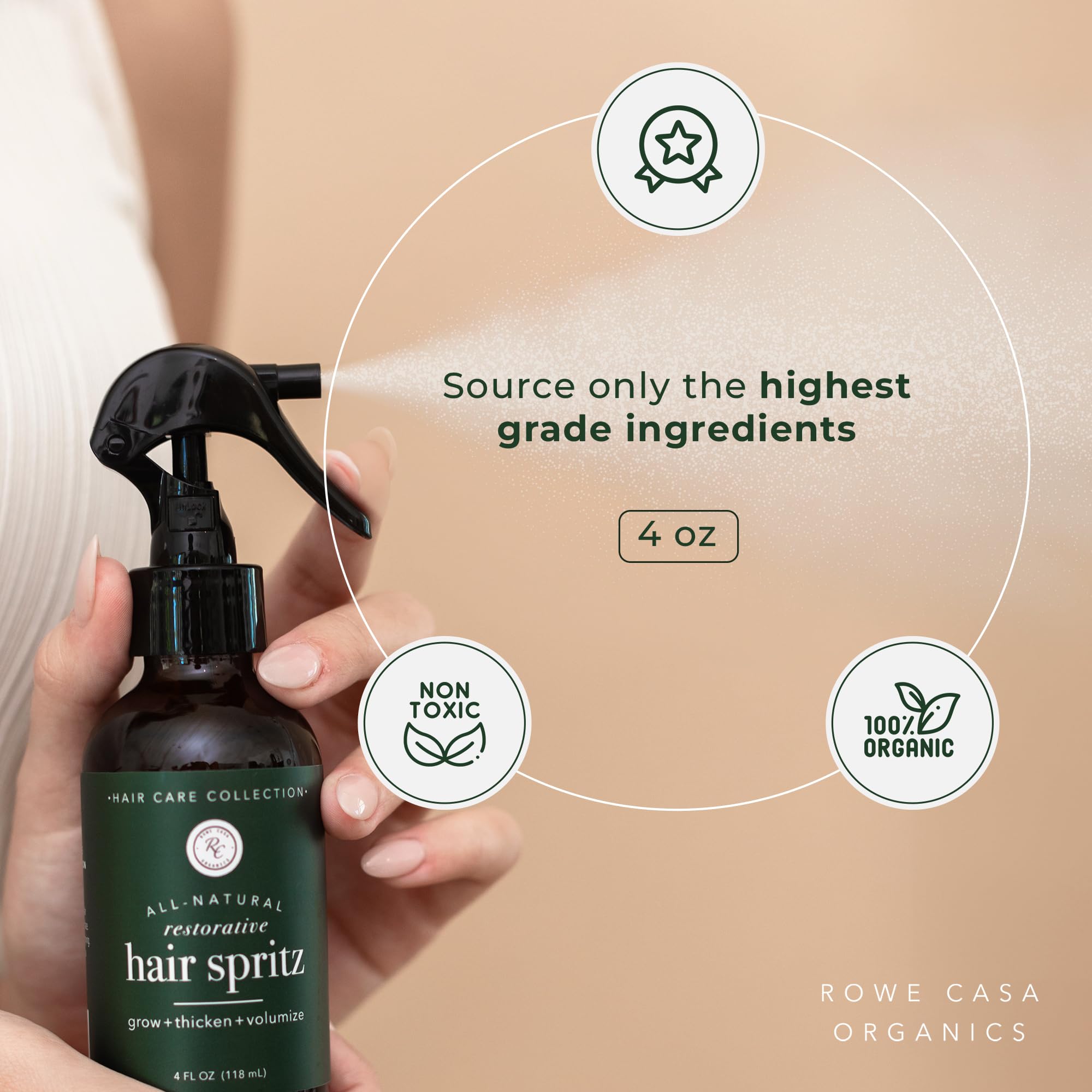 Rowe Casa Organics spritz pour action shows easy application on scalp and hair.