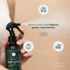 Rowe Casa Organics spritz pour action shows easy application on scalp and hair.