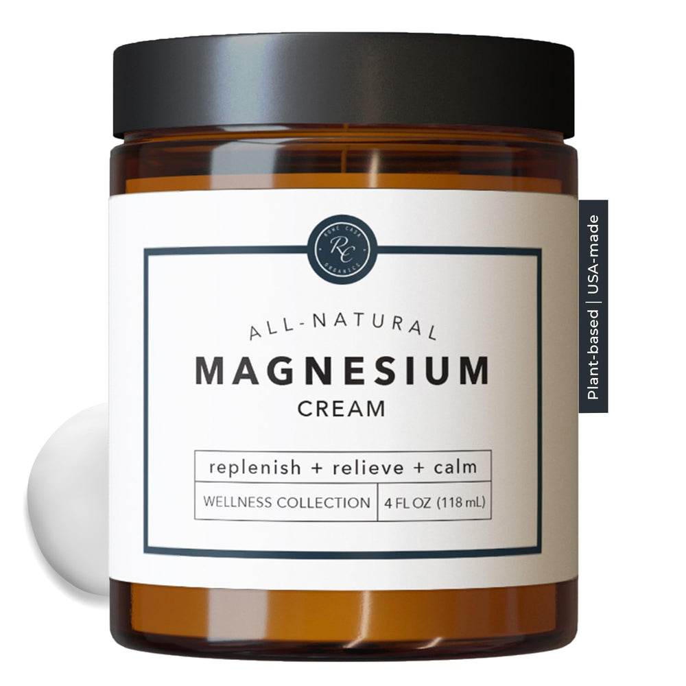 Rowe Casa Organics magnesium cream bottle close-up for nightly relaxation.