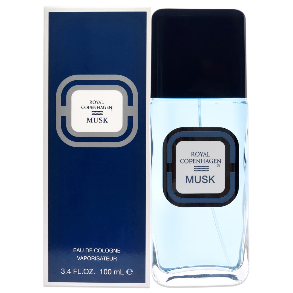 Royal Copenhagen Musk for Men bottle close-up, highlighting classic packaging for casual wear.