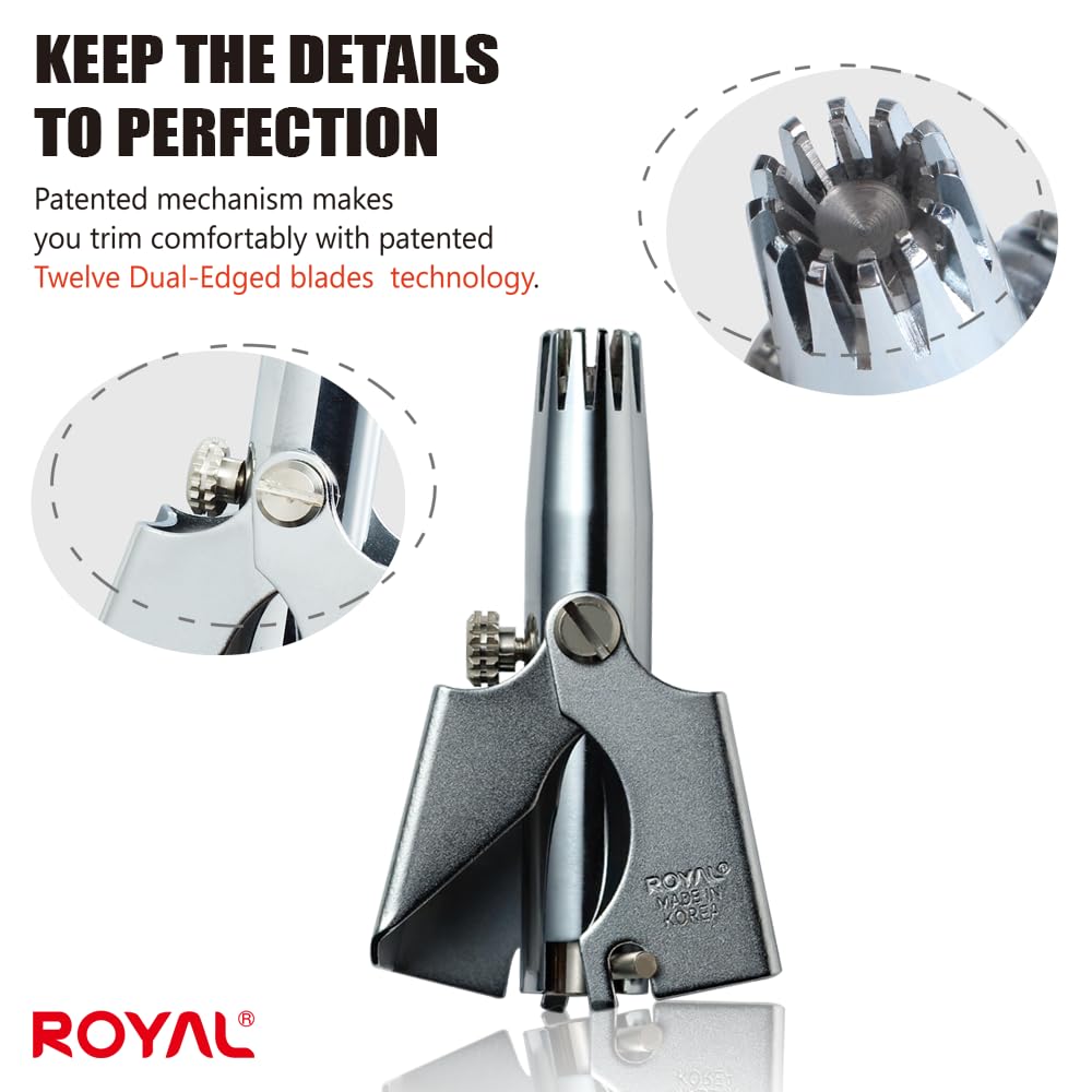 ROYAL nose-hair-trimmer Birdie Set blade closeup highlights twelve dual-edged blades.
