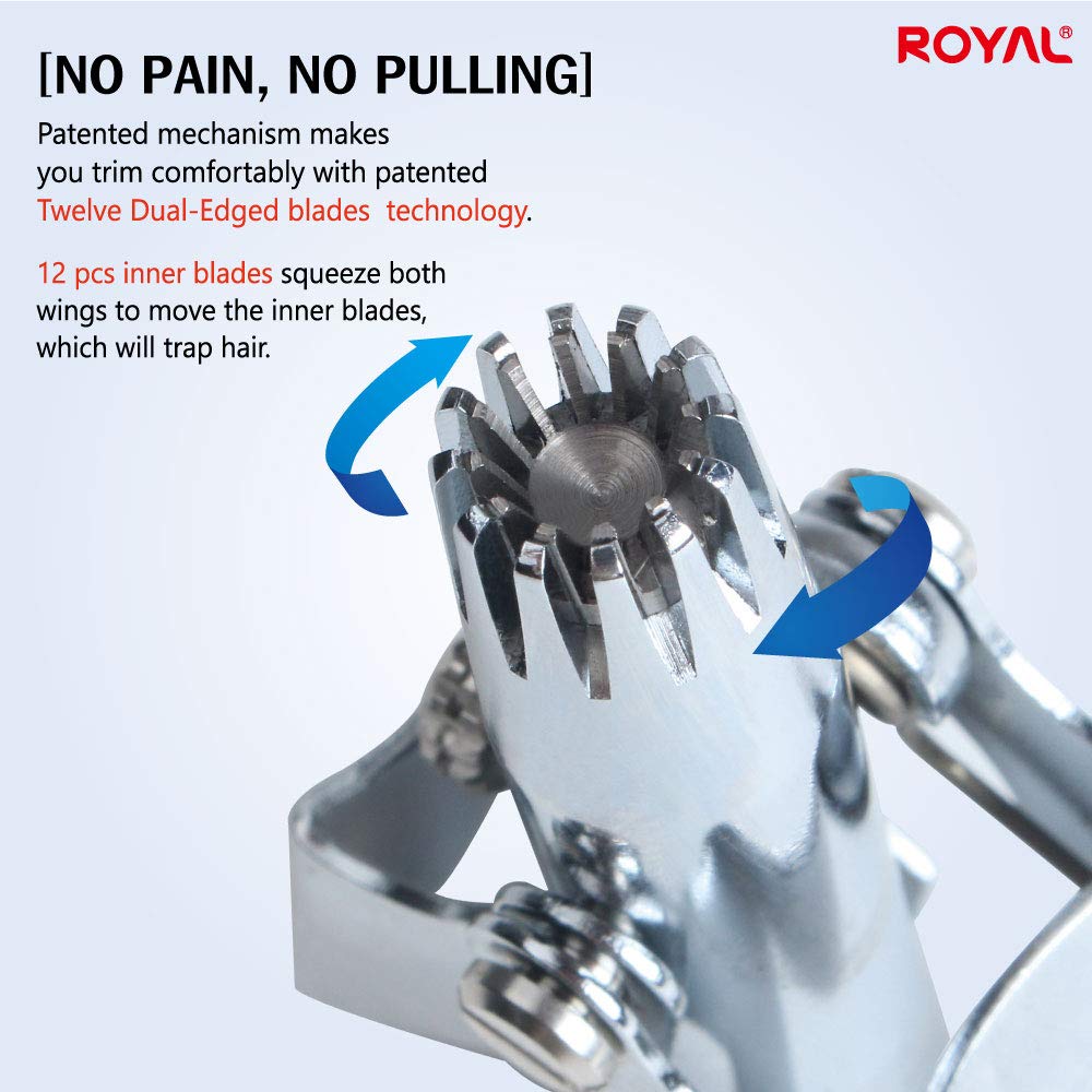 ROYAL Birdie Nose Trimmer with patented mechanism highlights smooth trimming.