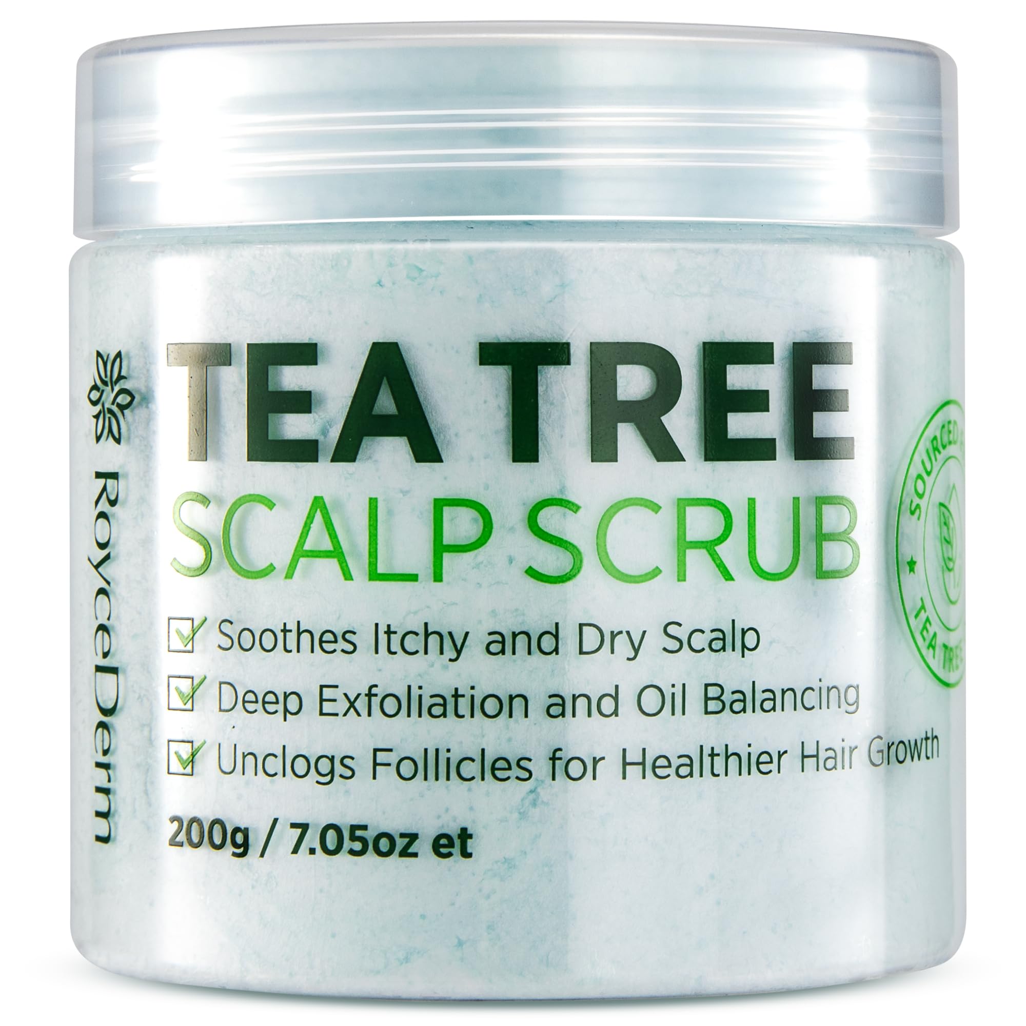 Roycederm exfoliante para cuero cabelludo con árbol de té en botella, limpieza profunda.