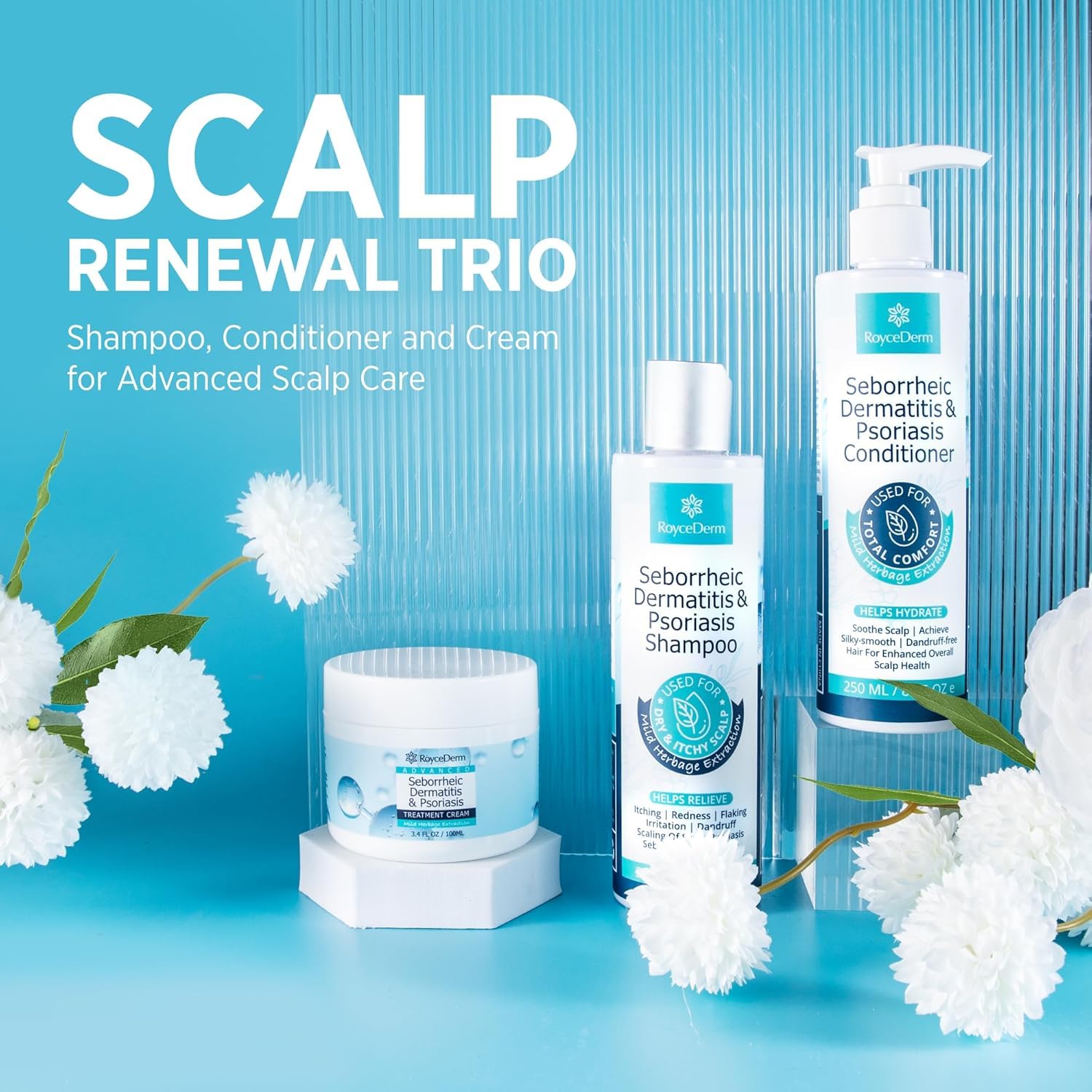 Roycederm bathroom scene with products evokes everyday scalp care routine.