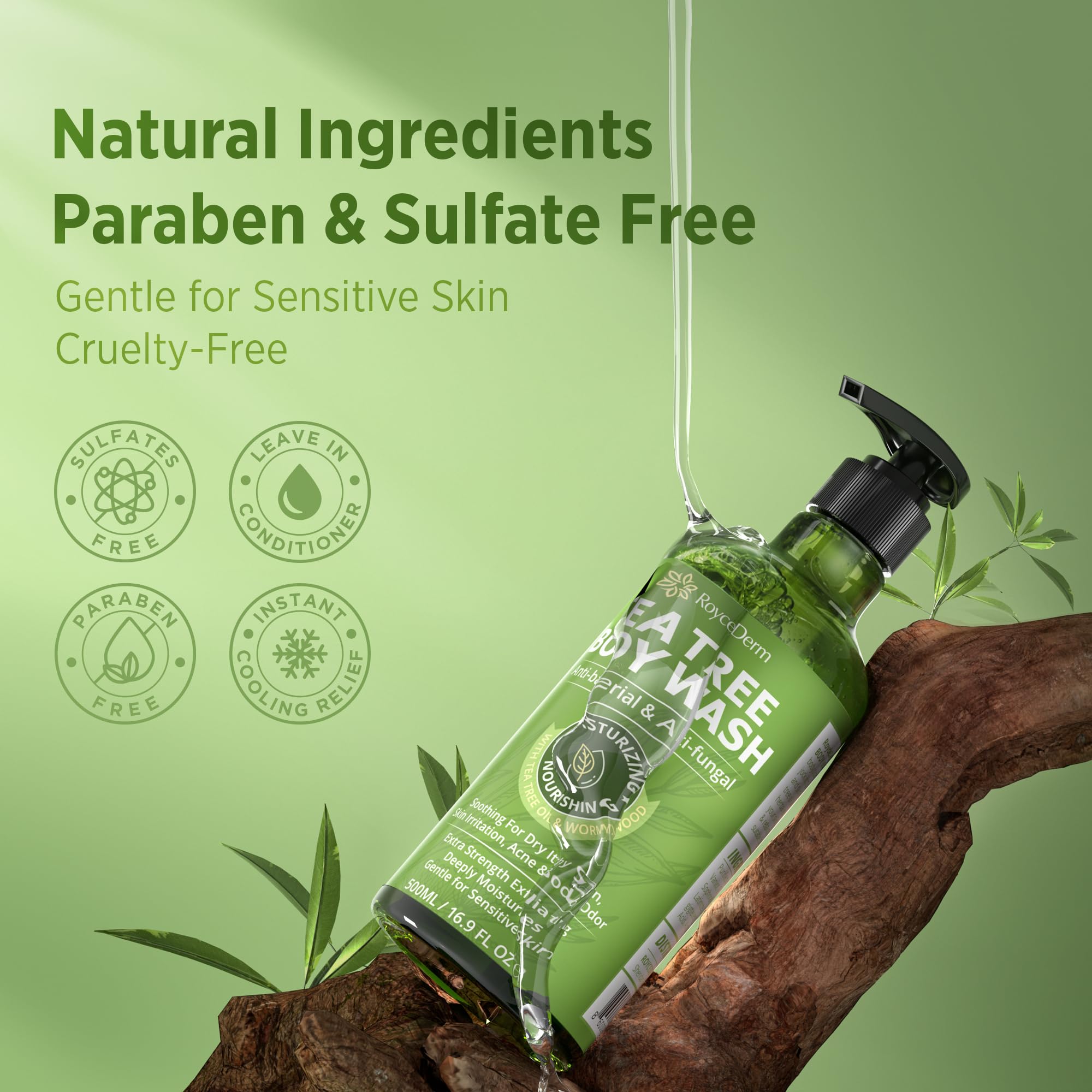 Roycederm bottle pours tea tree foam demonstrating easy, thorough lathering cleanse.
