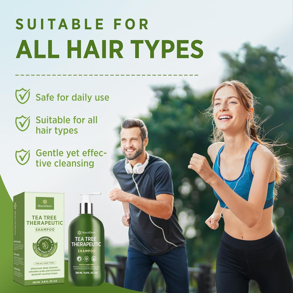Roycederm Champú Árbol de Té, espuma suave: limpieza profunda y agradable sensación de frescura.
